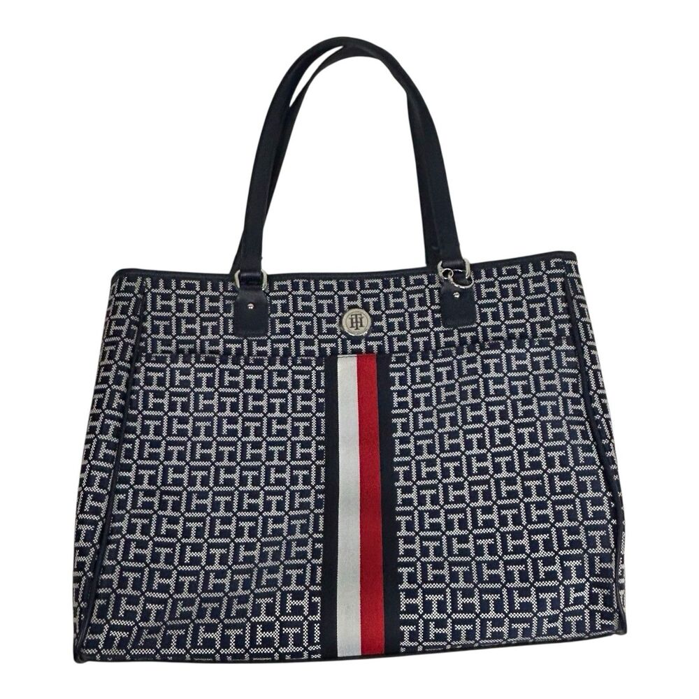 TOMMY HILFIGER Large Logo Tote Bag Purse Blue Double Handles Multi Compartment
